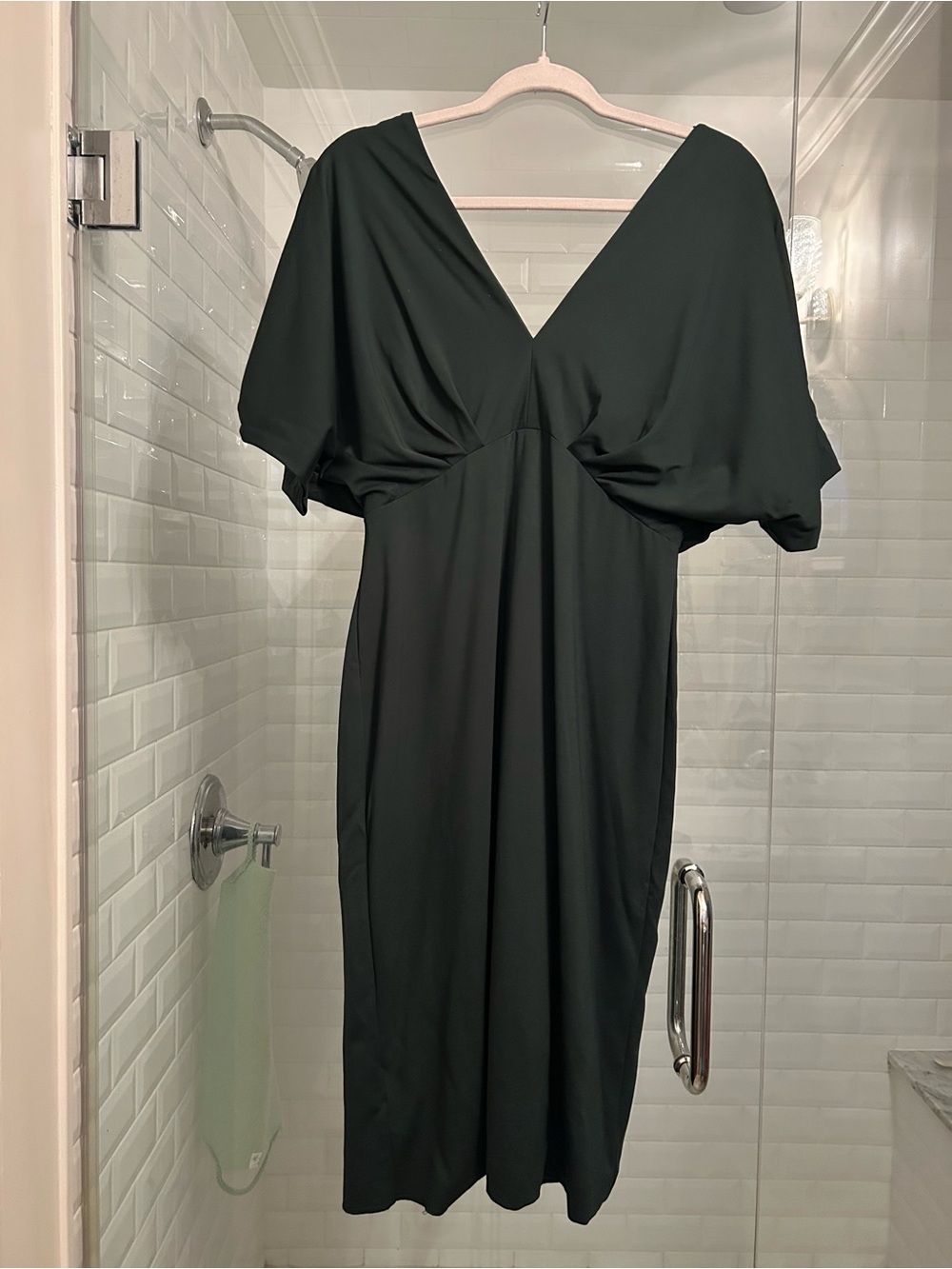 Banana Republic dark green draped V-Neck Midi Dress;a go-to best dress, NWOT, 12